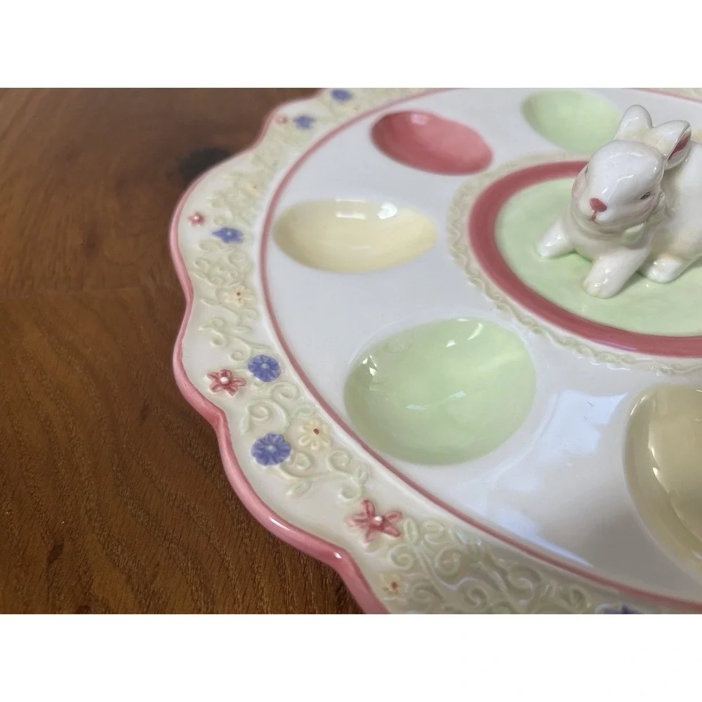 Easter Bunny Deviled Egg Plate Pastel Spring Platter 8 Eggs  11.5